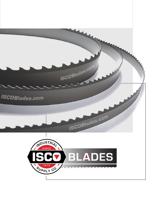 Three band saw blades with the isco blades logo next to it